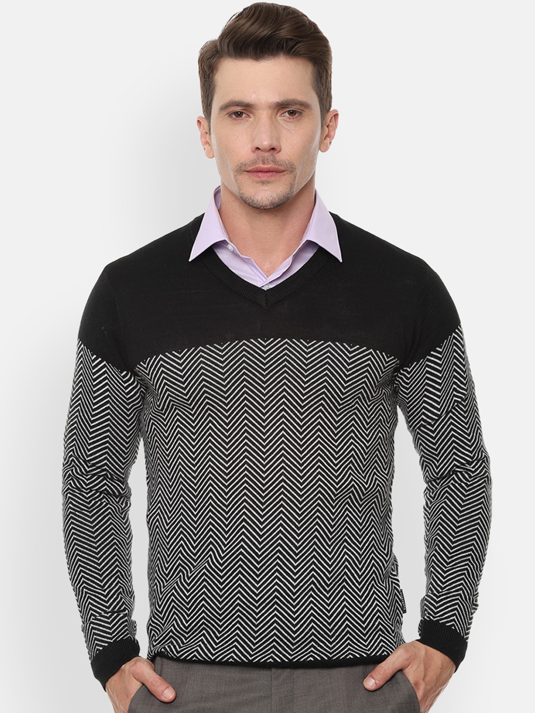 

Van Heusen Men Black & White Self Design Sweater