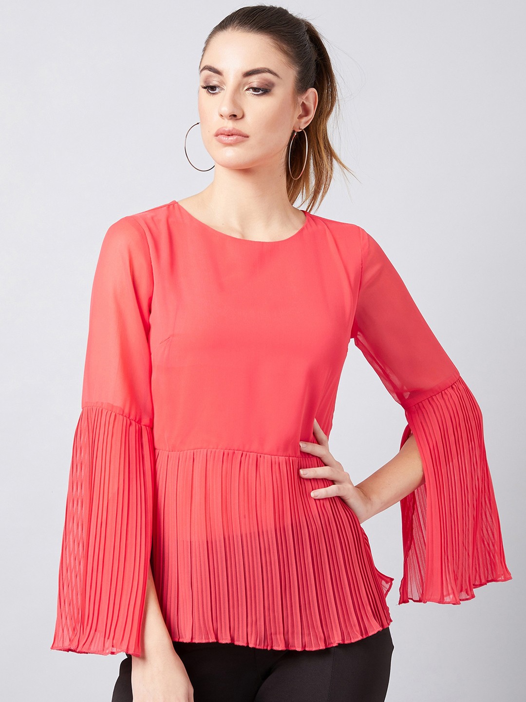 

Athena Women Peach-Coloured Solid Peplum Top with Accordian Pleats