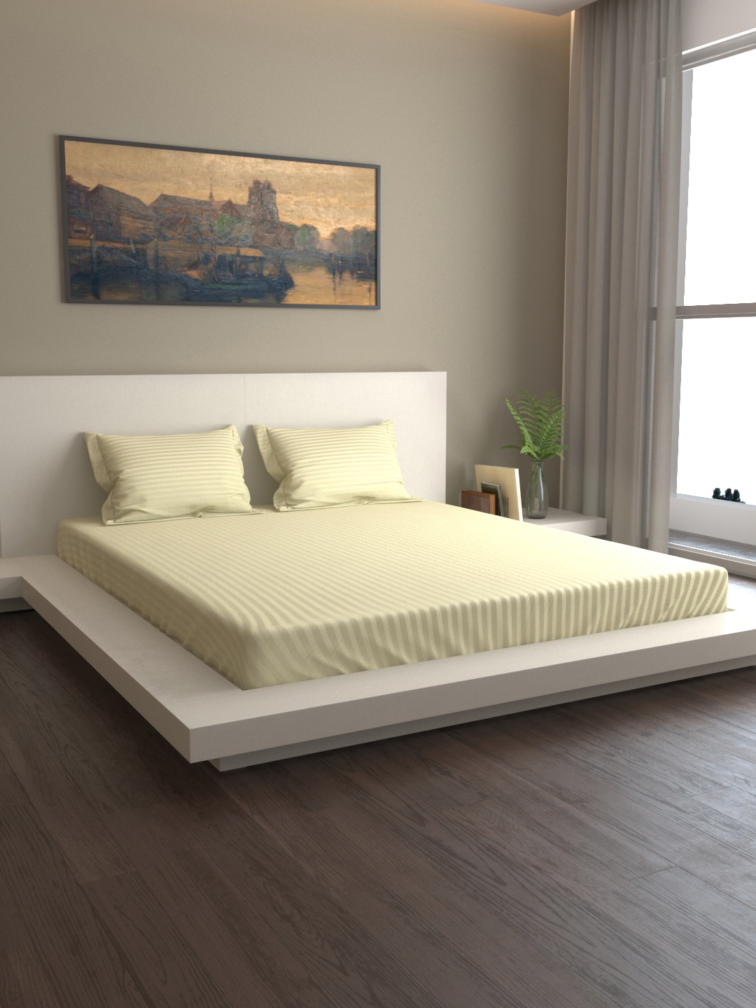 

MARK HOME Cream-Coloured Striped 400 TC Cotton 1 King Bedsheet with 2 Pillow Covers