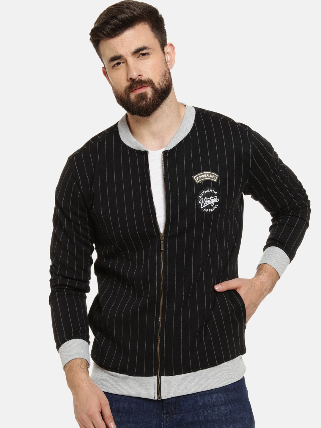 

Campus Sutra Men Black Striped Bomber Jacket