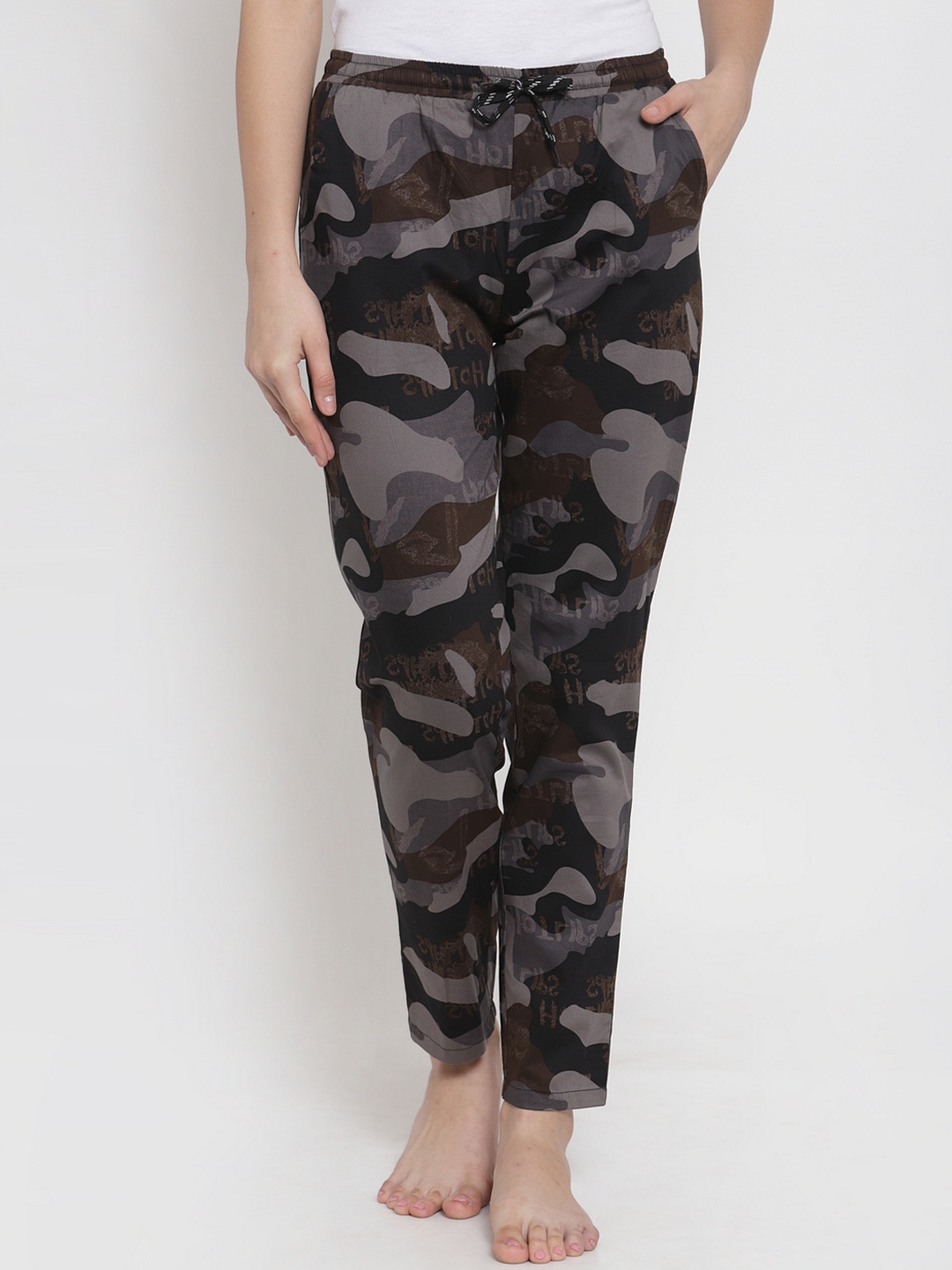 

Boston Club Women Black & Grey Camouflage Print Pure Cotton Lounge Pant
