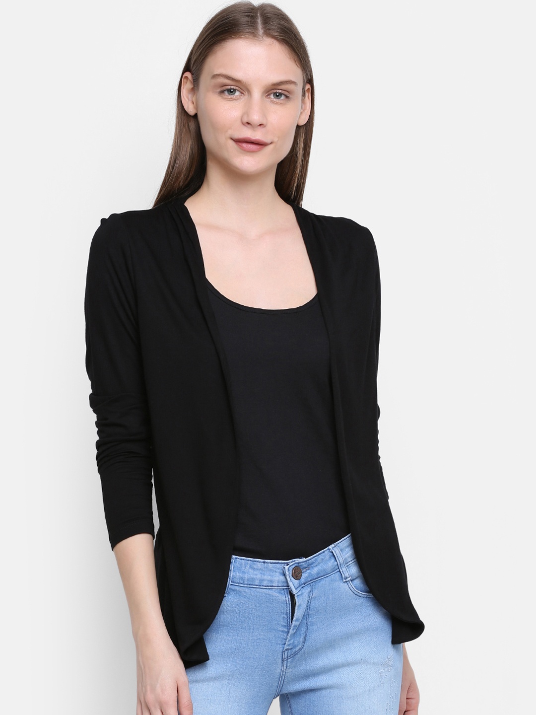 Rute Women Black Solid Open Front Shrug