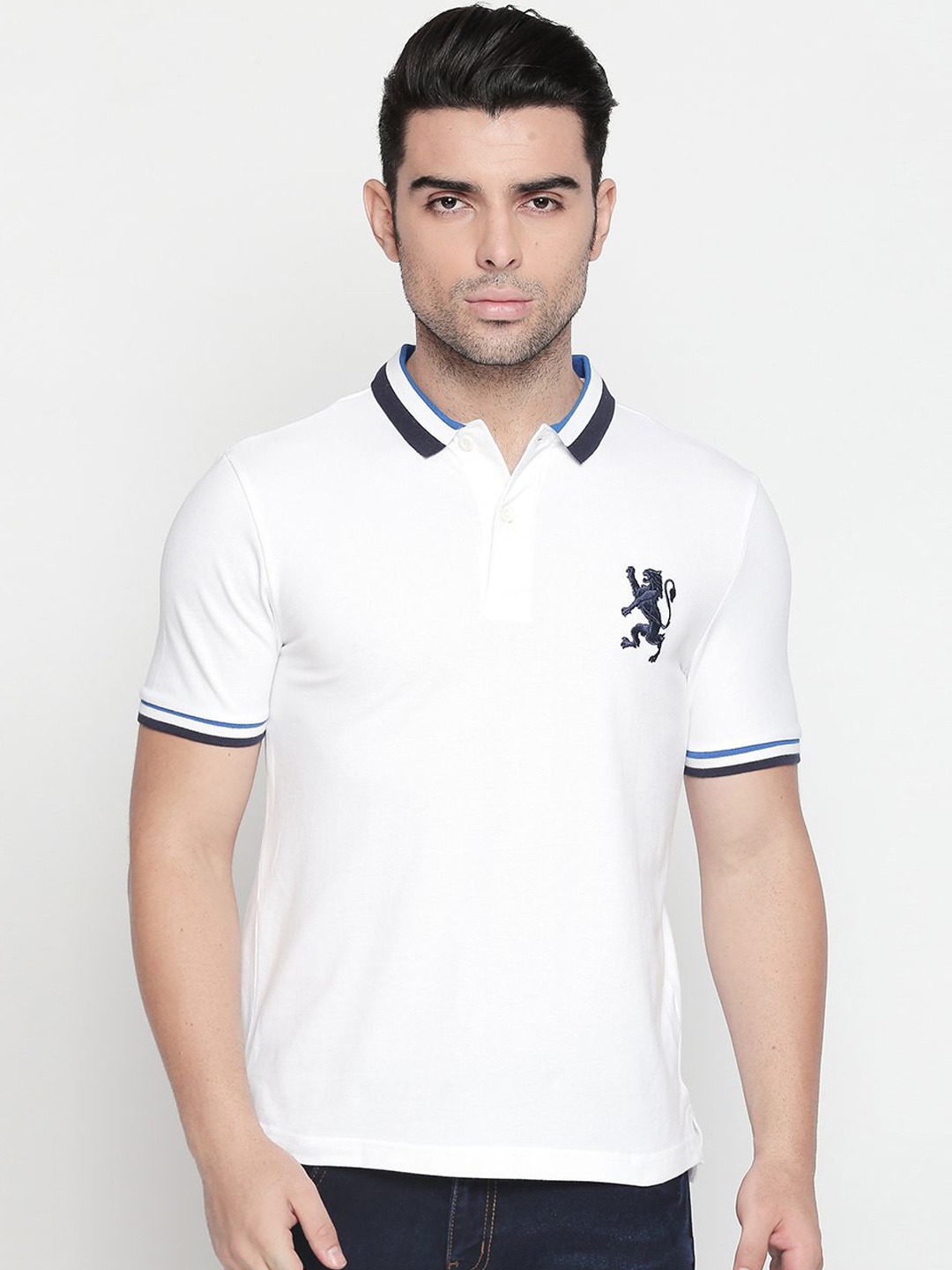 GIORDANO Men White Solid Polo Collar T-shirt