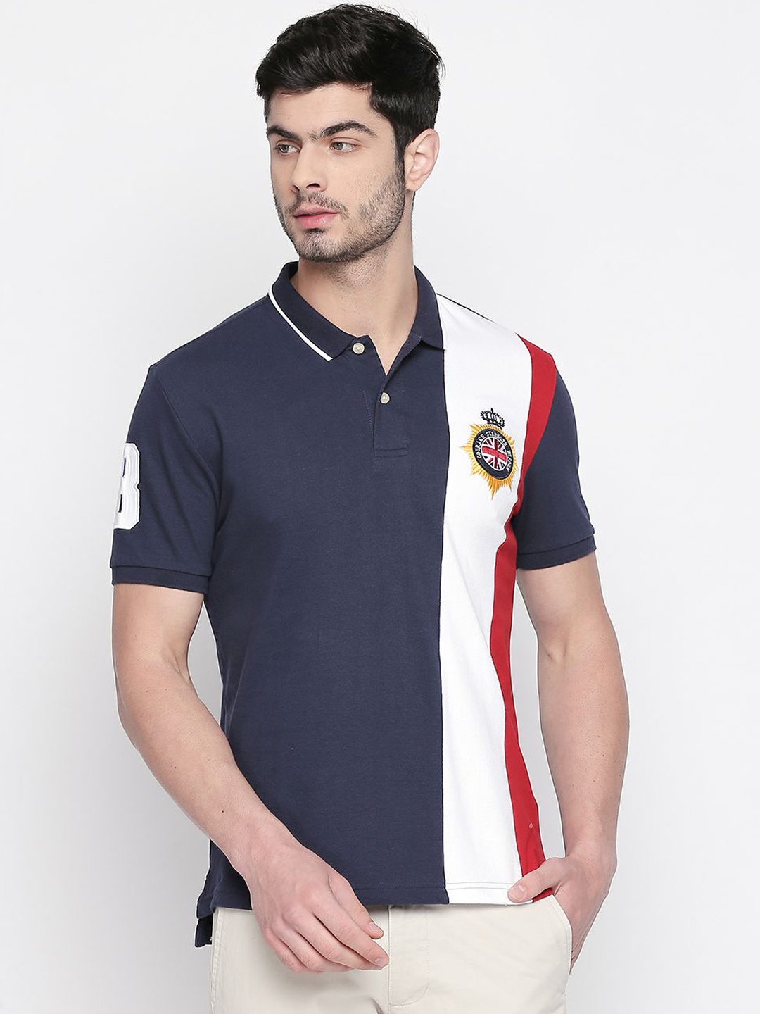 

GIORDANO Men Navy Blue Colourblocked Polo Collar T-shirt