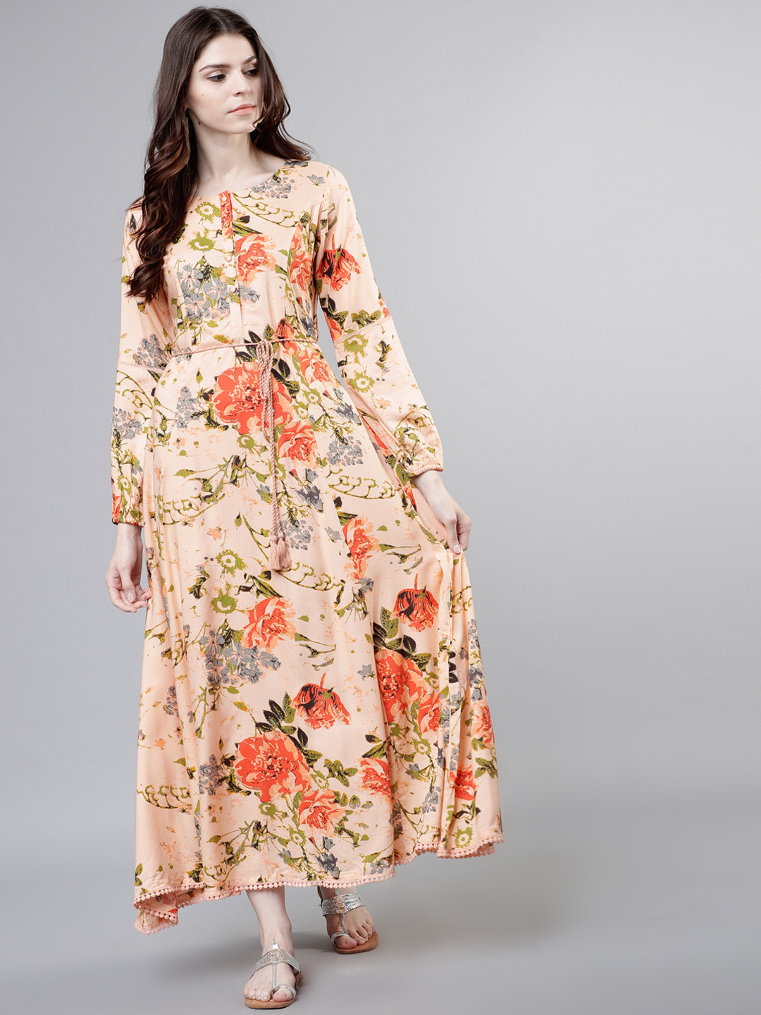

Vishudh Women Peach-Coloured Floral Print A-Line Dress