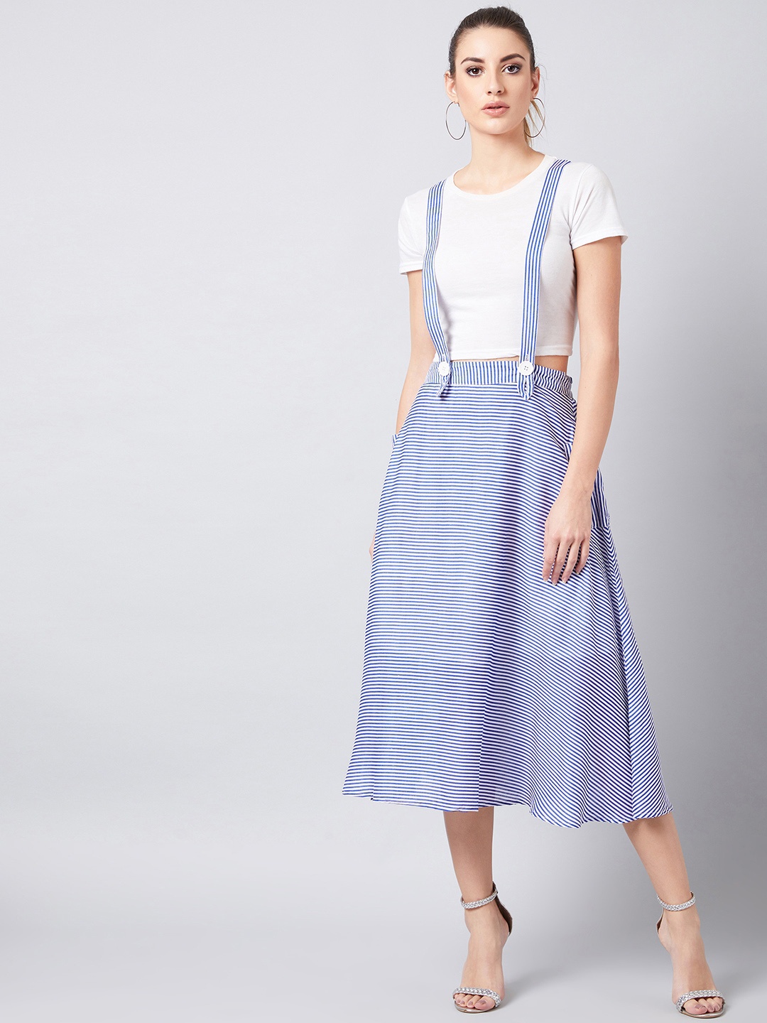 

Athena Women Blue & White Striped High-Rise A-Line Midi Skirt
