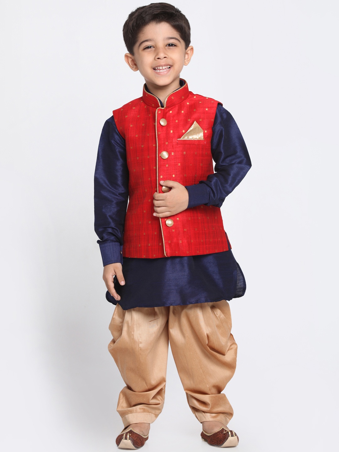 

VASTRAMAY Boys Navy Blue & Red Solid Kurta with Dhoti Pants & Nehru Jacket