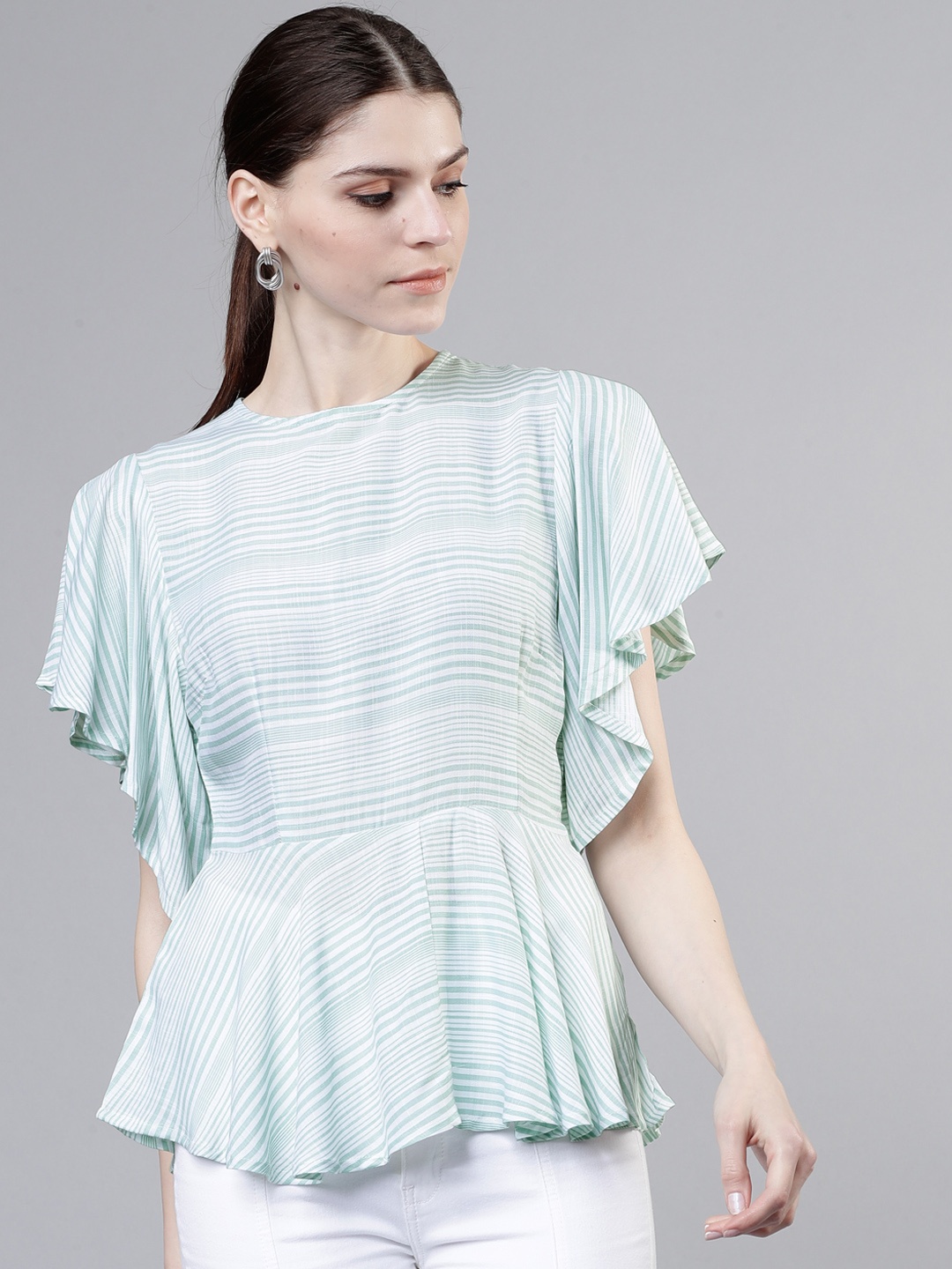 Tokyo Talkies Women Green Striped Cinched Waist Top