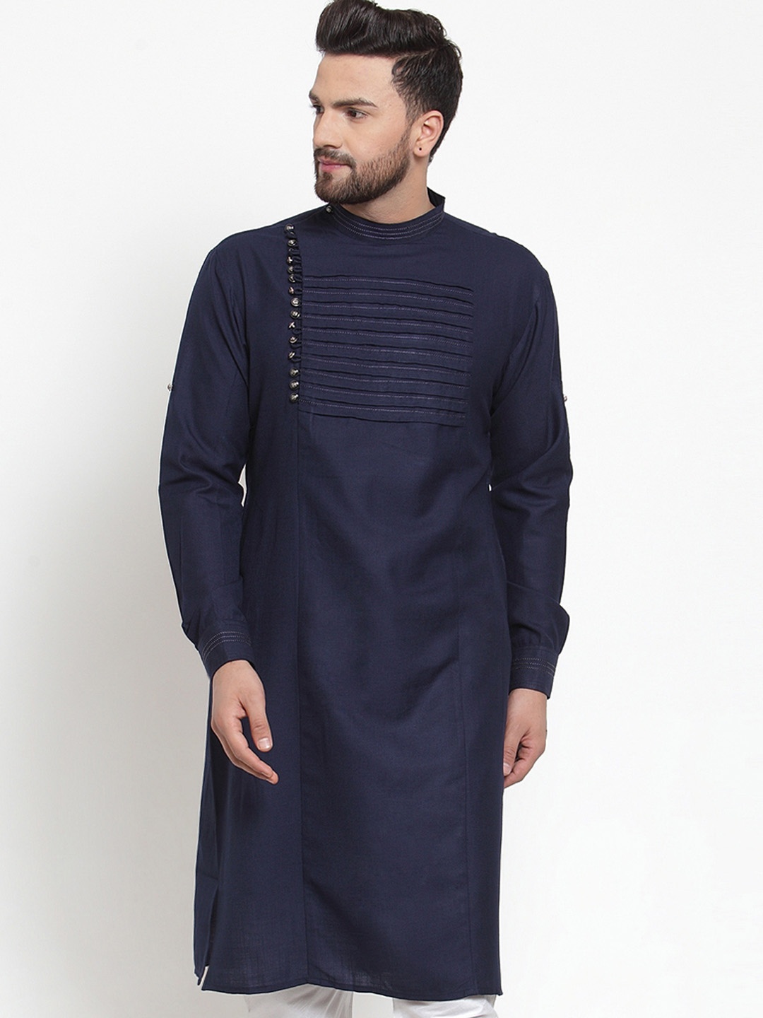

TREEMODA Men Navy Blue & Navy Blue Solid Linen Straight Kurta