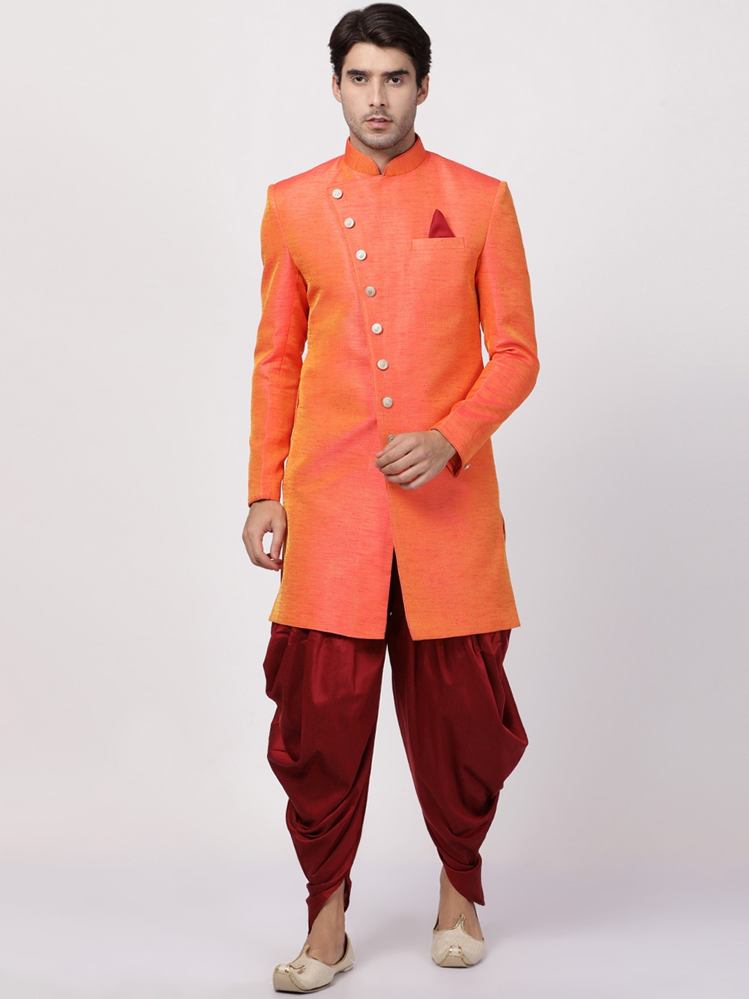 

VASTRAMAY Men Orange & Maroon Solid Silk Sherwani With Dhoti Pant Set