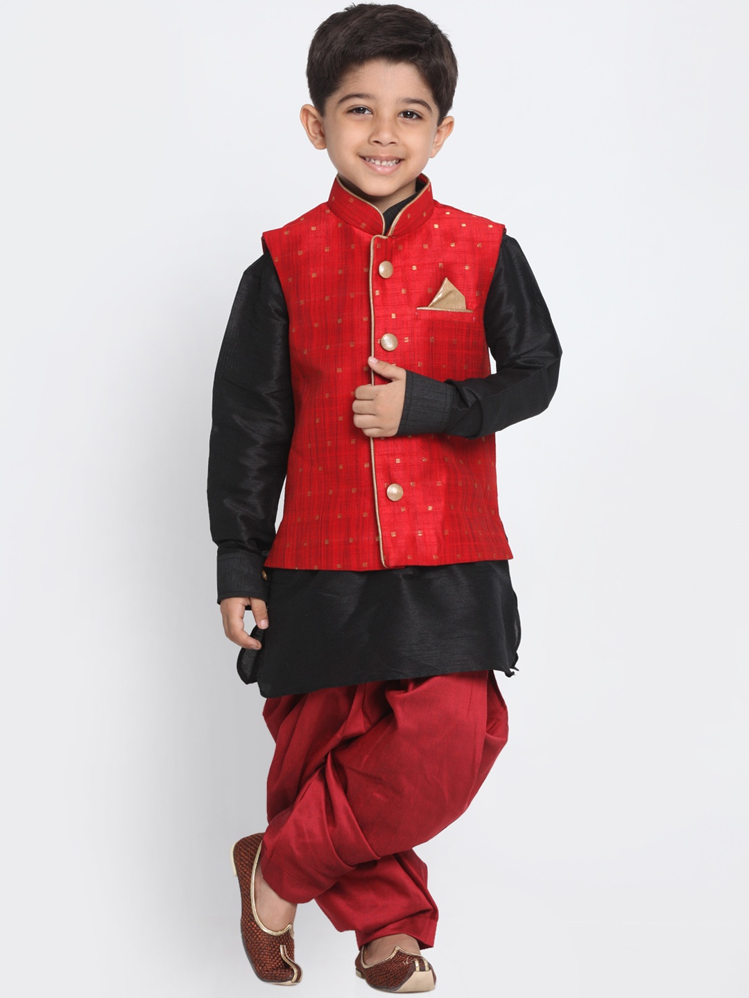 

VASTRAMAY Boys Black & Red Solid Kurta with Dhoti Pants & Nehru Jacket