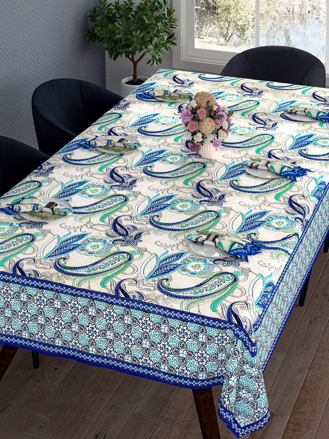

ROMEE Set of 7 Blue & Off-White Printed Cotton Dining Table Cover With Napkins