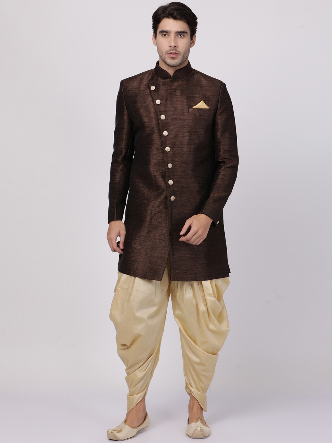 

VASTRAMAY Men Brown & Beige Solid Silk Sherwani With Dhoti Pants
