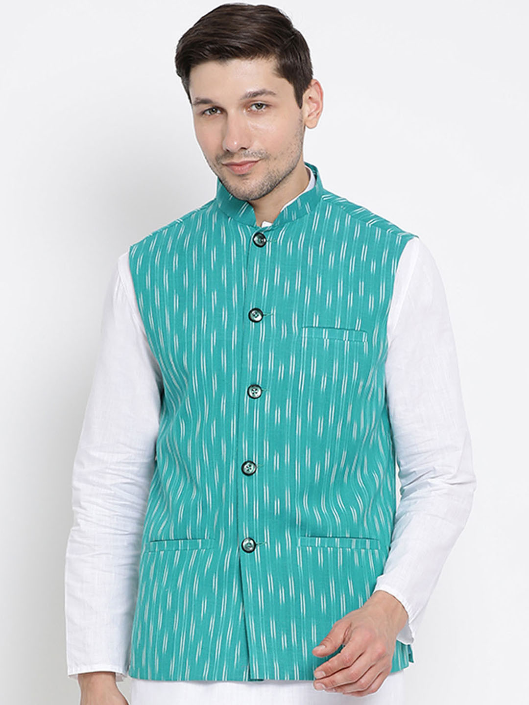 

VASTRAMAY Men Turquoise Blue Woven Design Nehru Jacket