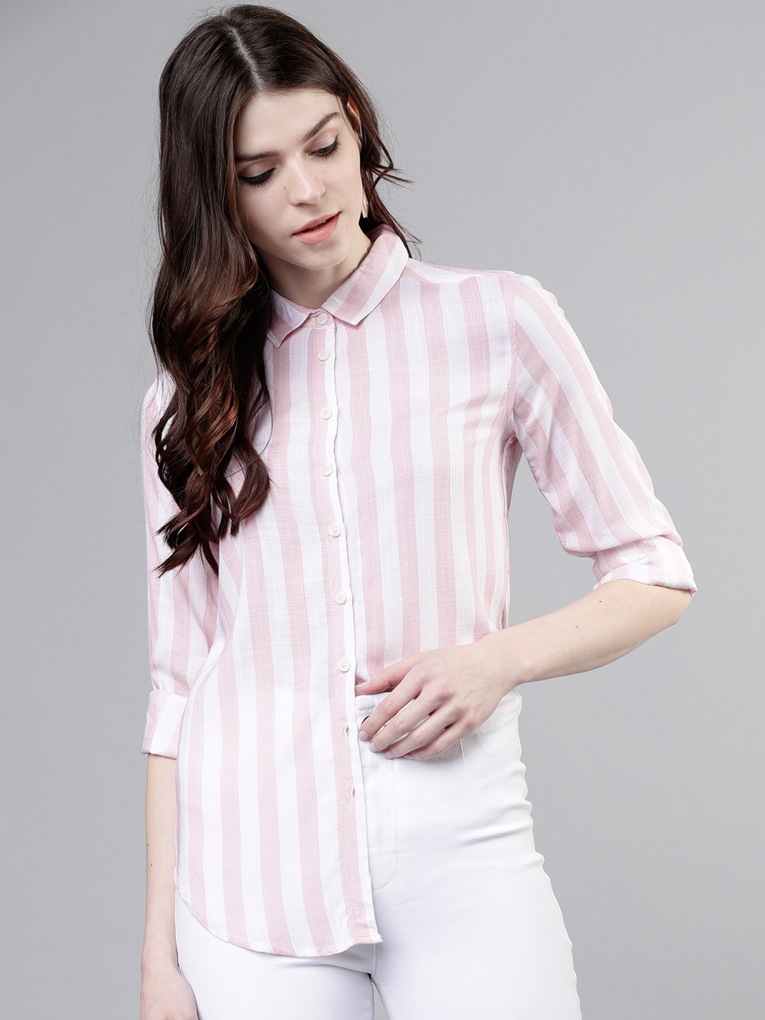 

Tokyo Talkies Women Pink & White Regular Fit Striped Casual Shirt