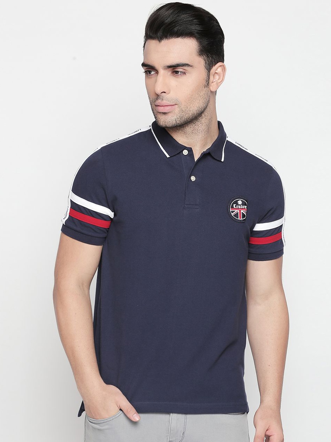 

GIORDANO Men Navy Blue Striped Polo Collar T-shirt