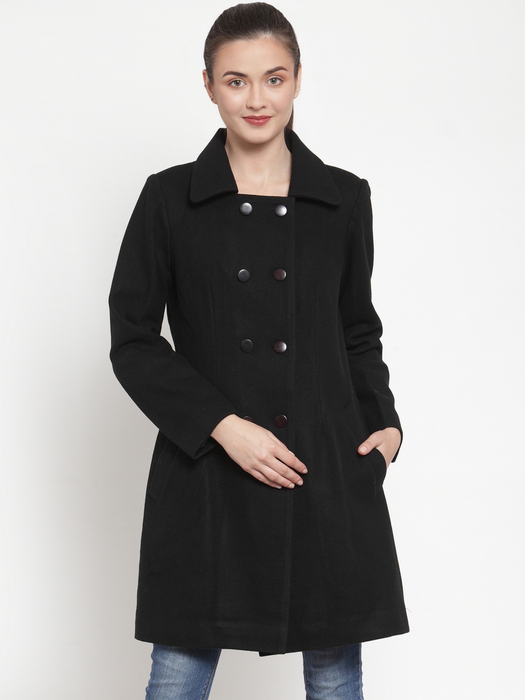 

Owncraft Women Black Solid Double-Breasted Longline Woolen Overcoat