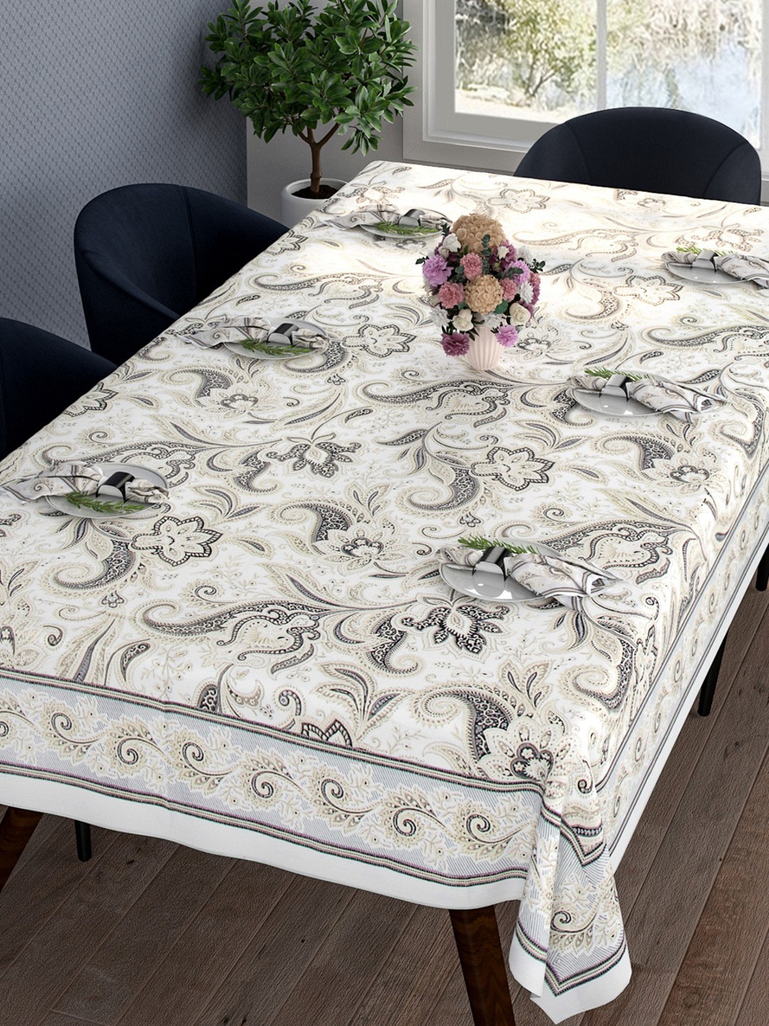 

ROMEE Set of 7 Beige & Grey Printed Cotton Dining Table Cover With Napkins