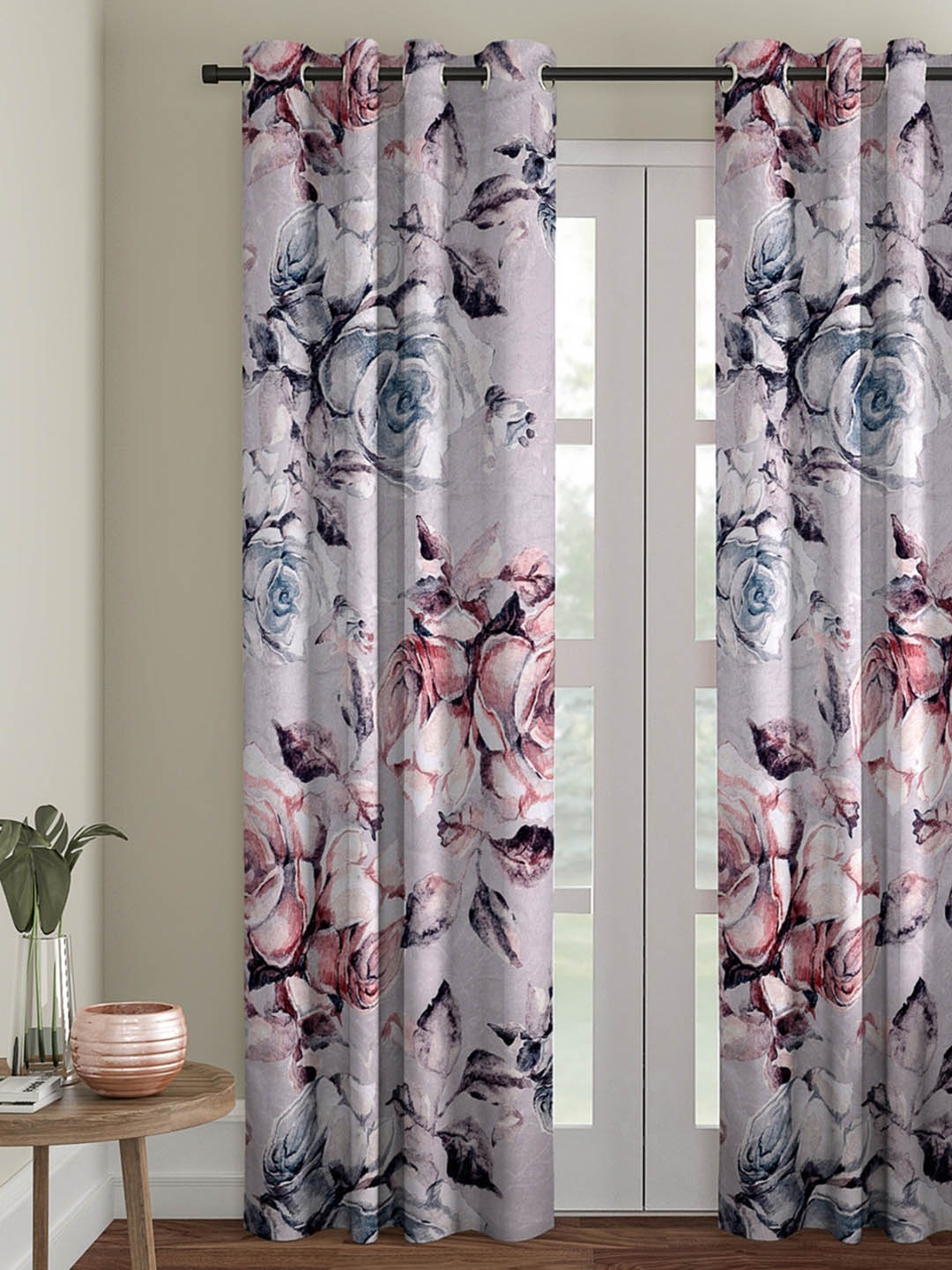 ROMEE Grey & Pink Velvet Finish Floral Print Room Darkening Velvet Door Curtain