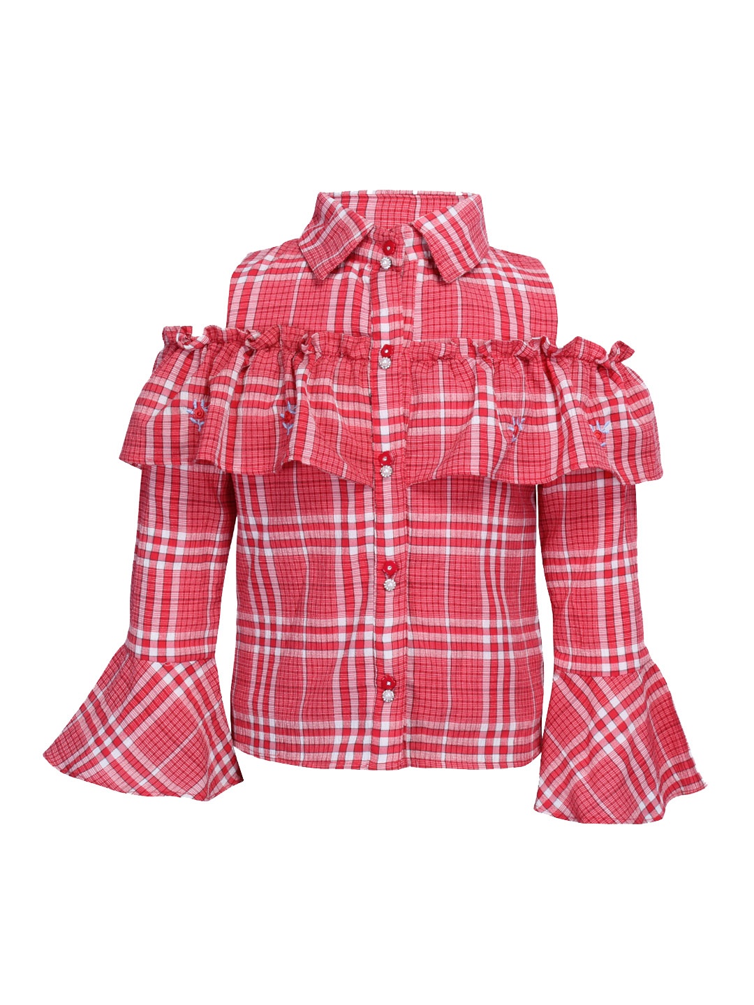 

CUTECUMBER Girls Coral Red Checked Shirt Style Top