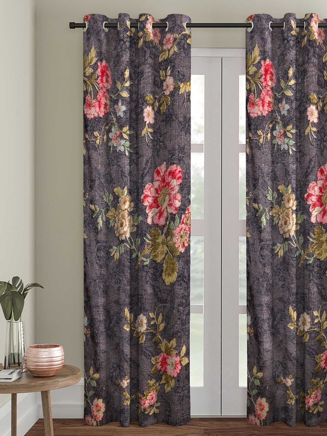 

ROMEE Grey & Pink Floral Print Room Darkening Velvet Door Curtain