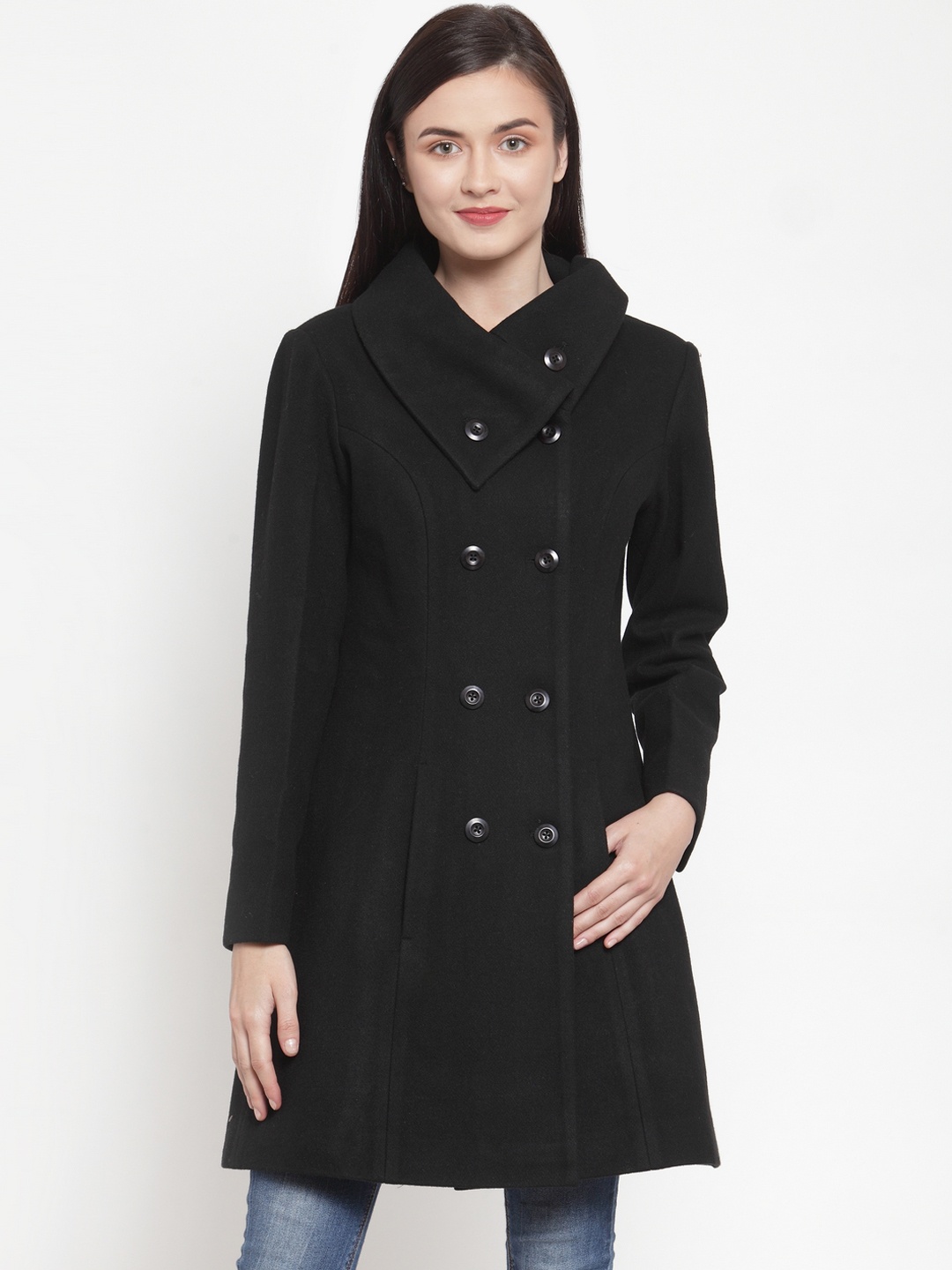 

Owncraft Women Black Solid Double-Breasted Woolen Princess Coat