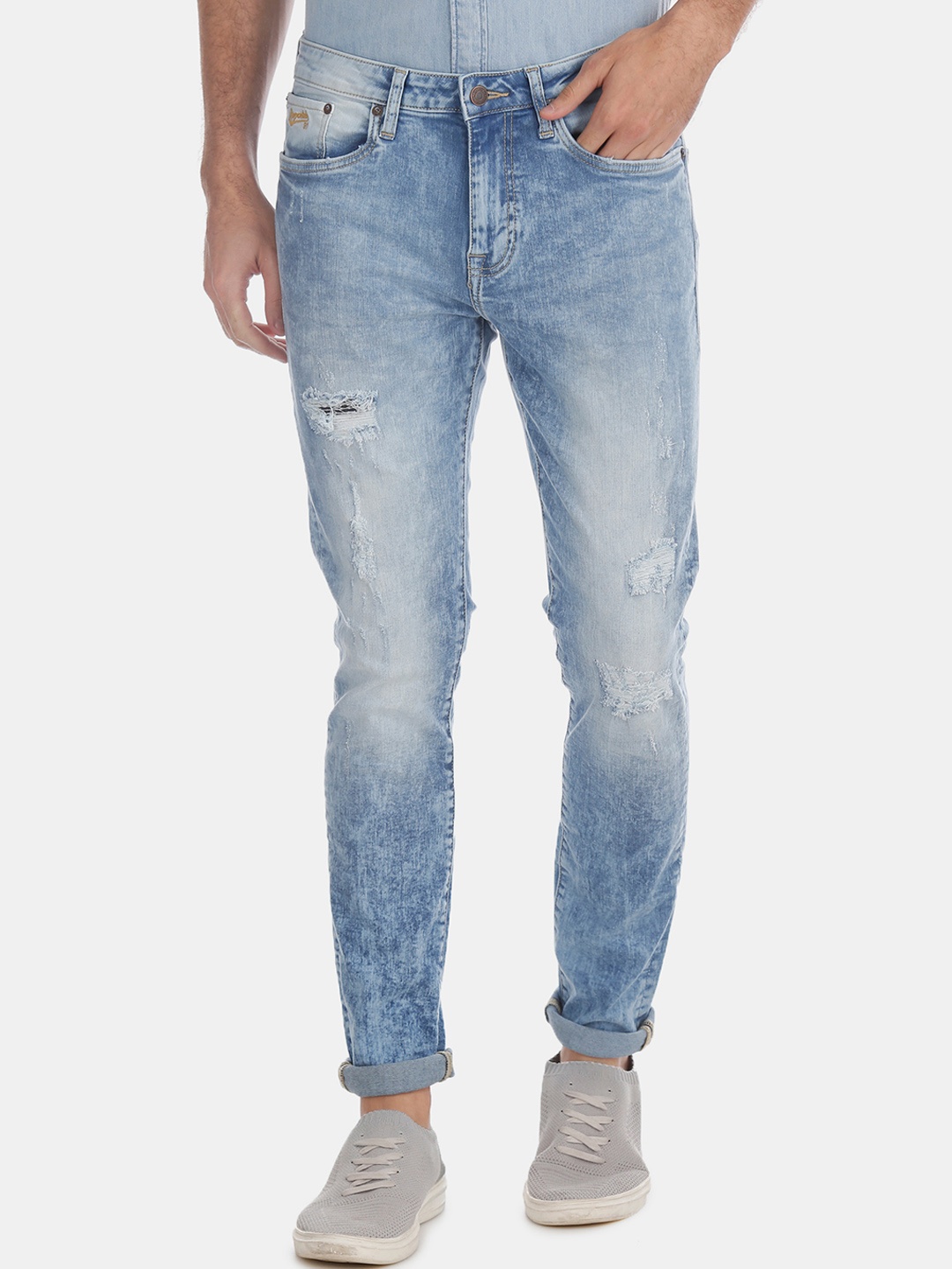 

Aeropostale Men Blue Super Skinny Fit Mid-Rise Low Distress Stretchable Jeans