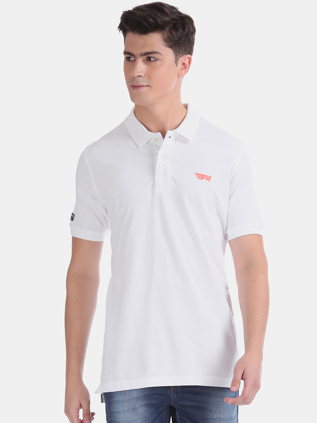 

Flying Machine Men White Solid Polo Collar Pure Cotton T-shirt