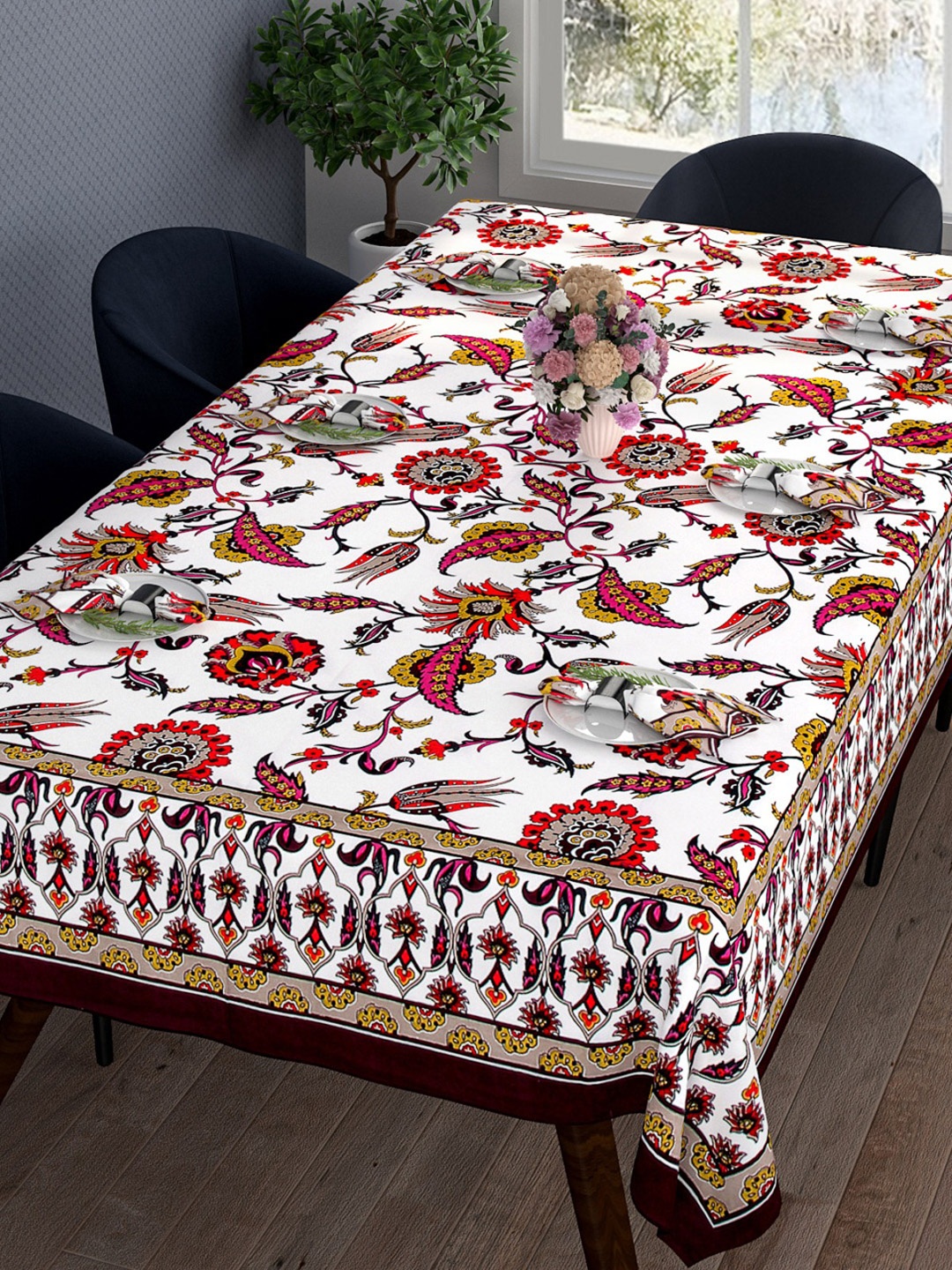 ROMEE Set of 7 Red & White Printed Cotton Dining Table Cover With Napkins