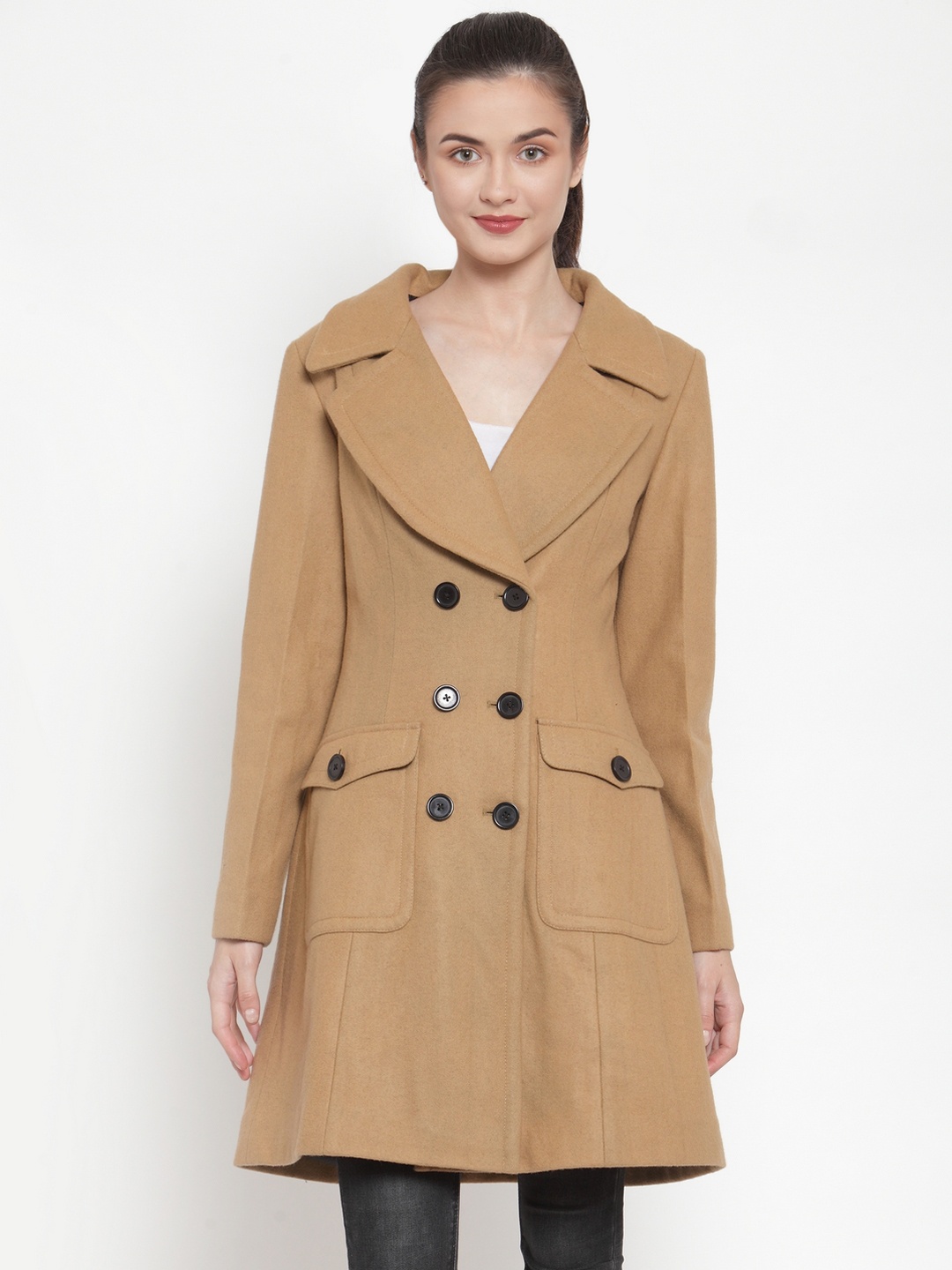 

Owncraft Women Camel Brown Solid Double-Breasted Longline Woolen Overcoat