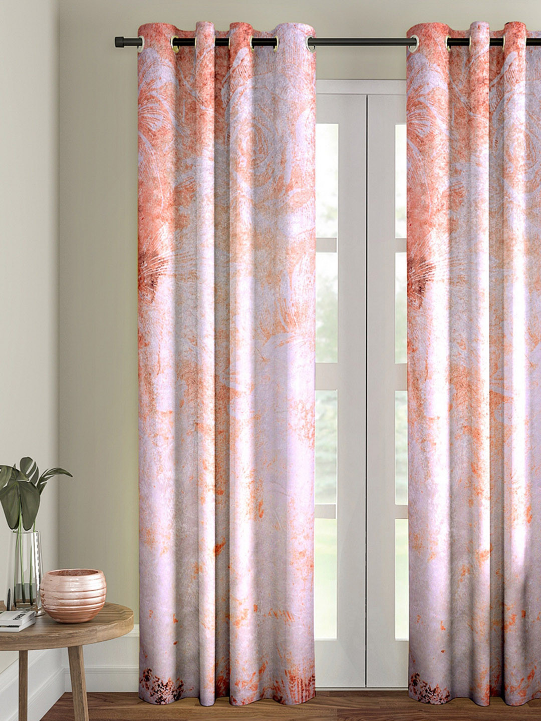 

ROMEE Peach-Coloured & White Floral Print Room Darkening Door Curtain