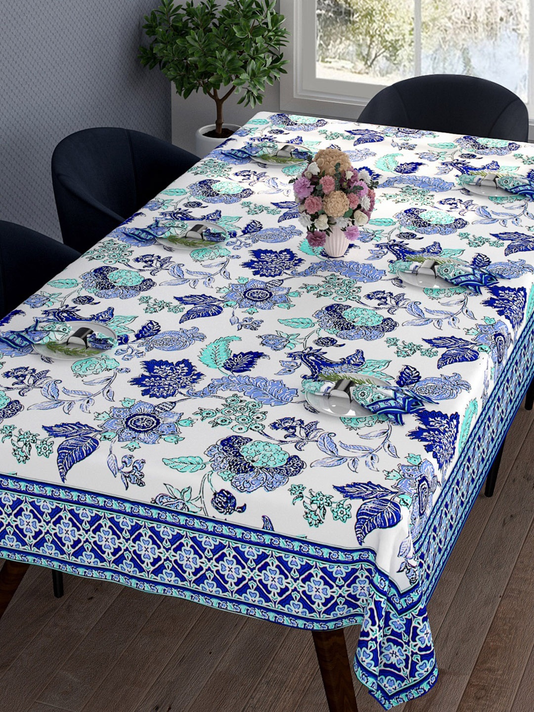 

ROMEE Set of 7 Blue & White Printed Cotton Dining Table Cover With Napkins
