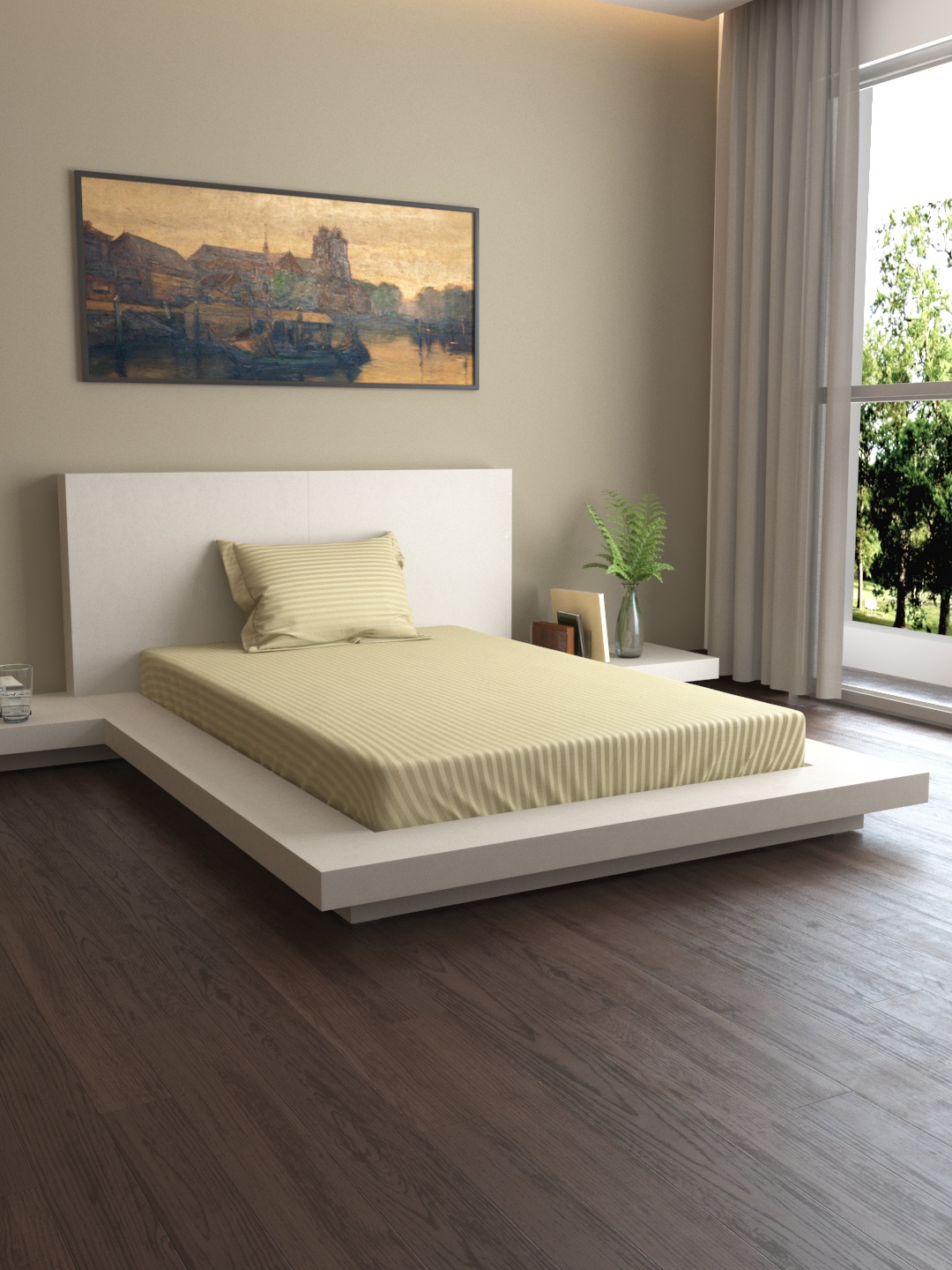 

MARK HOME Beige Striped 400 TC Cotton 1 Single Bedsheet with 1 Pillow Covers