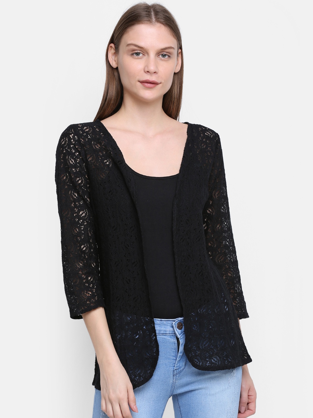 

Rute Women Black Self Design Open Front Shrug