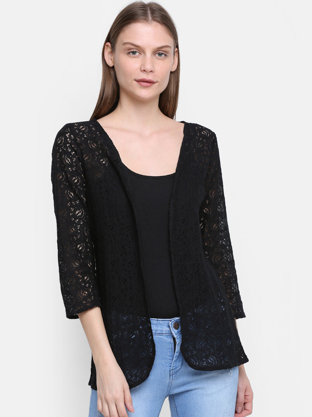

Rute Women Black Self Design Open Front Shrug
