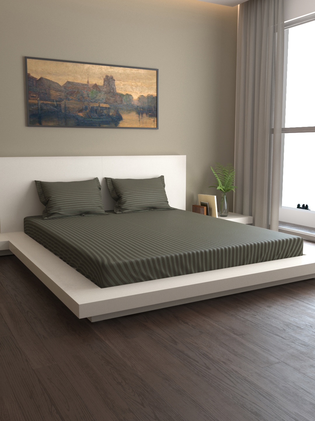 MARK HOME Grey Striped 400 TC Cotton 1 King Bedsheet with 2 Pillow Covers