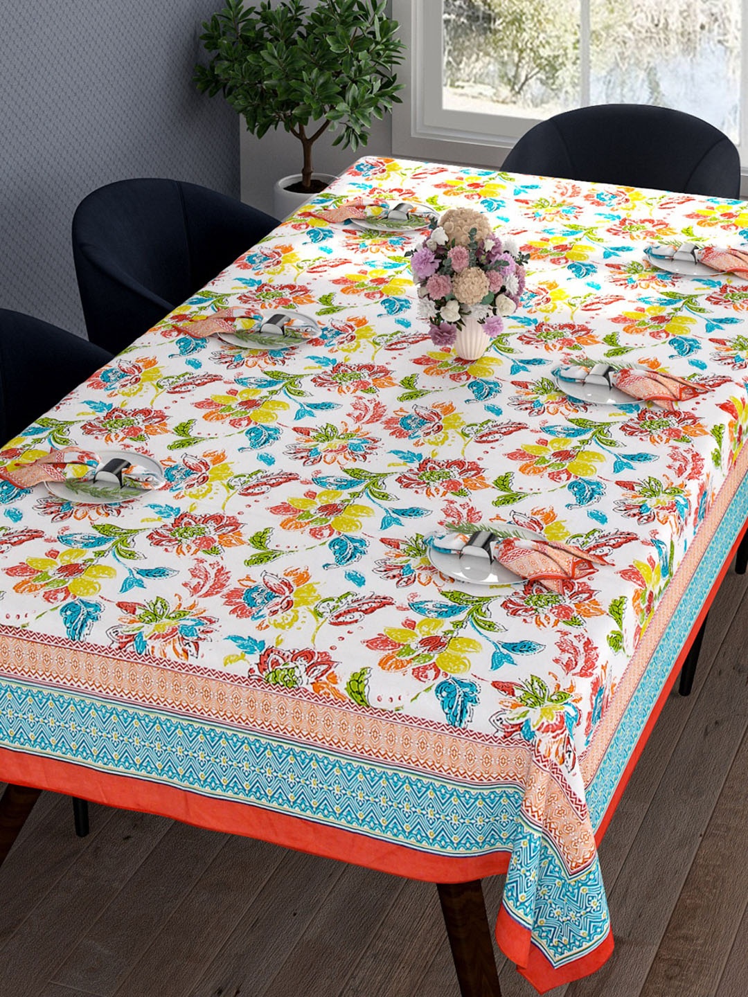 

ROMEE Set of 7 Red & White Printed Cotton Dining Table Cover With Napkins
