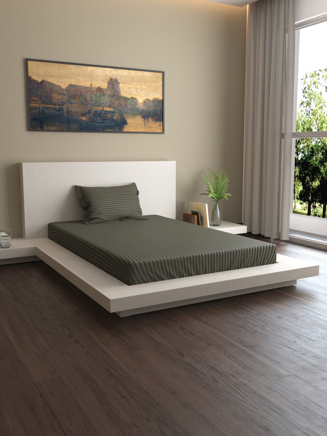 

MARK HOME Grey Striped 400 TC Cotton 1 Single Bedsheet with 1 Pillow Covers