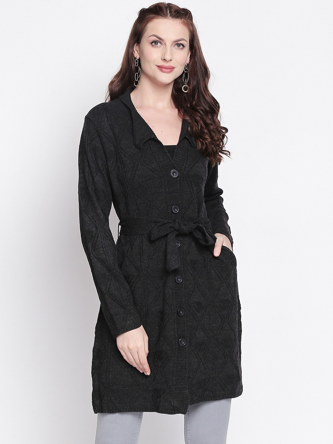 

RANGMANCH BY PANTALOONS Women Charcoal Black Self Design Sweater