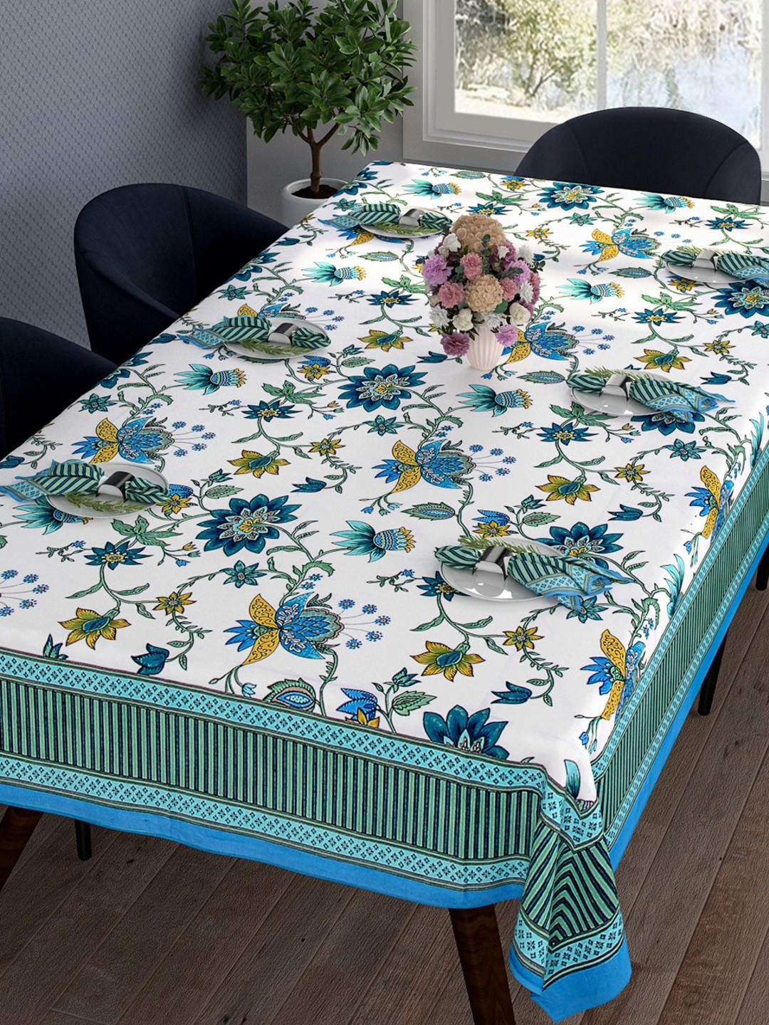 

ROMEE Set of 7 White & Green Printed Cotton Dining Table Cover With Napkins, Bronze