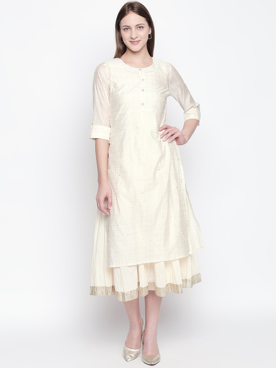 

RANGMANCH BY PANTALOONS Women Cream-Coloured Checked Fit and Flare Dress