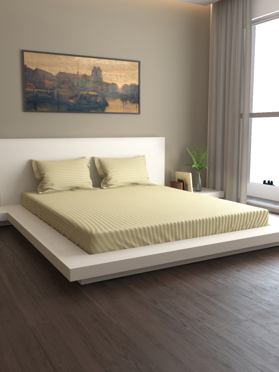 MARK HOME Beige Striped 400 TC Cotton 1 Queen Bedsheet with 2 Pillow Covers