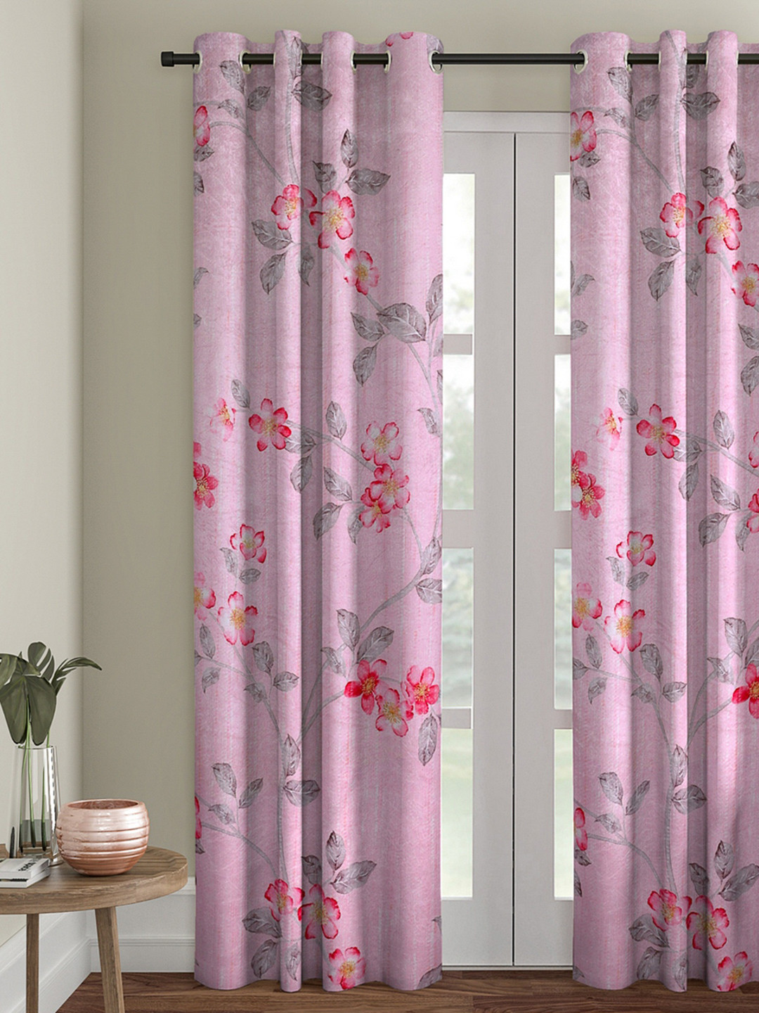 

ROMEE Pink Floral Print Room Darkening Velvet Finish Door Curtain