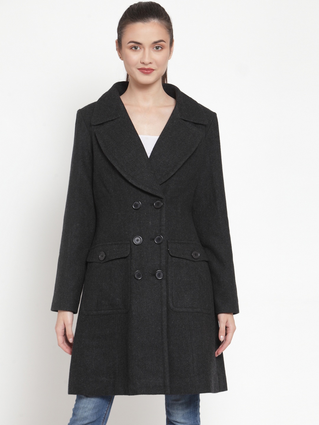 

Owncraft Women Charcoal Solid Double-Breasted Longline Wool Coats