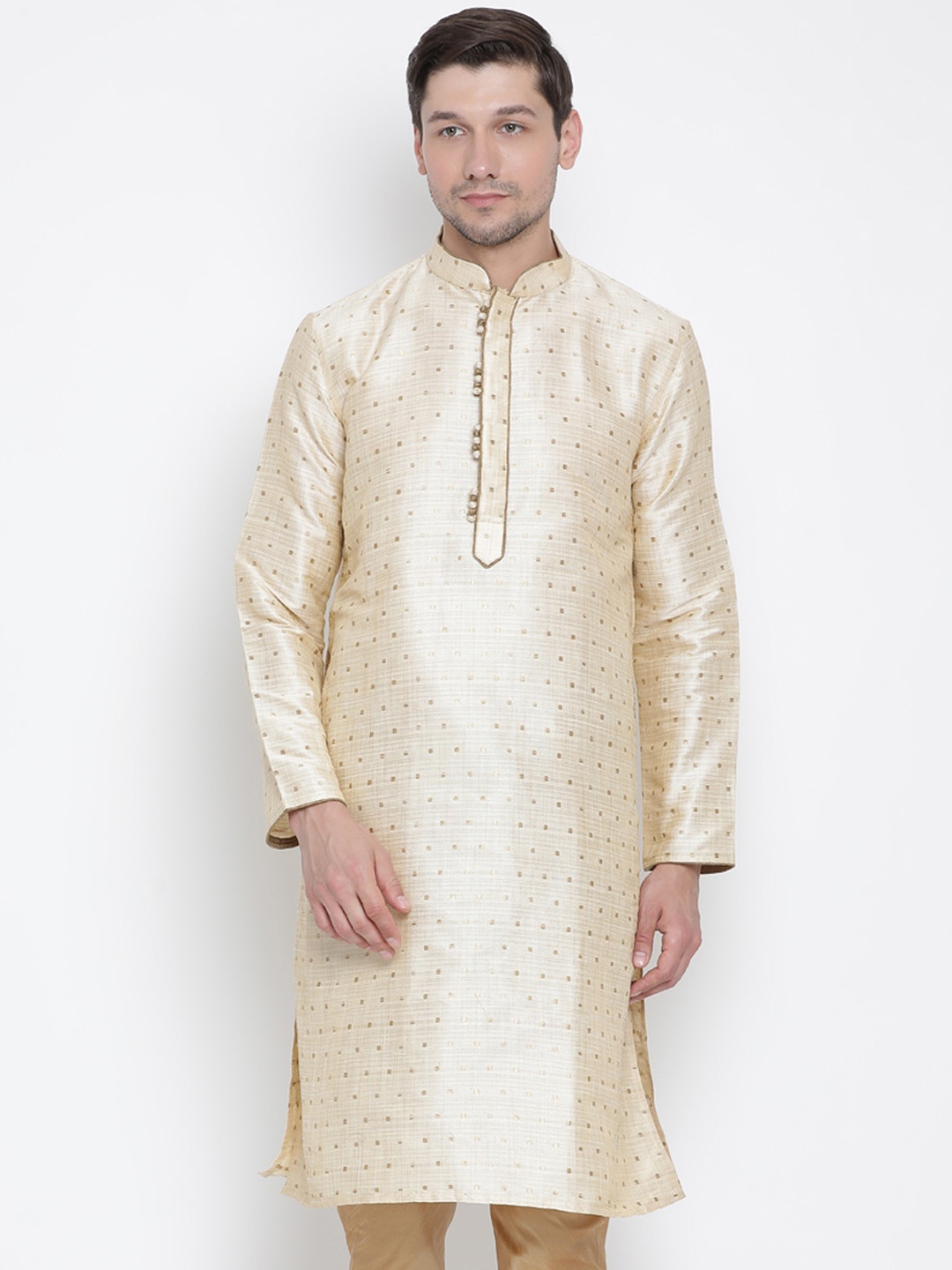

VASTRAMAY Men Gold-Coloured Woven Design Straight Kurta