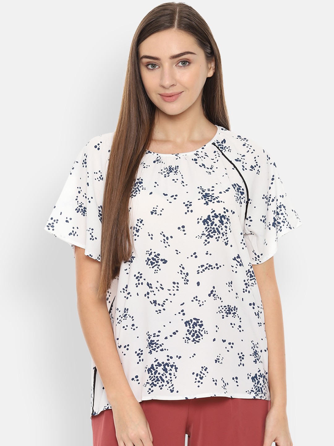 

Van Heusen Woman White & Blue Printed A-Line Top