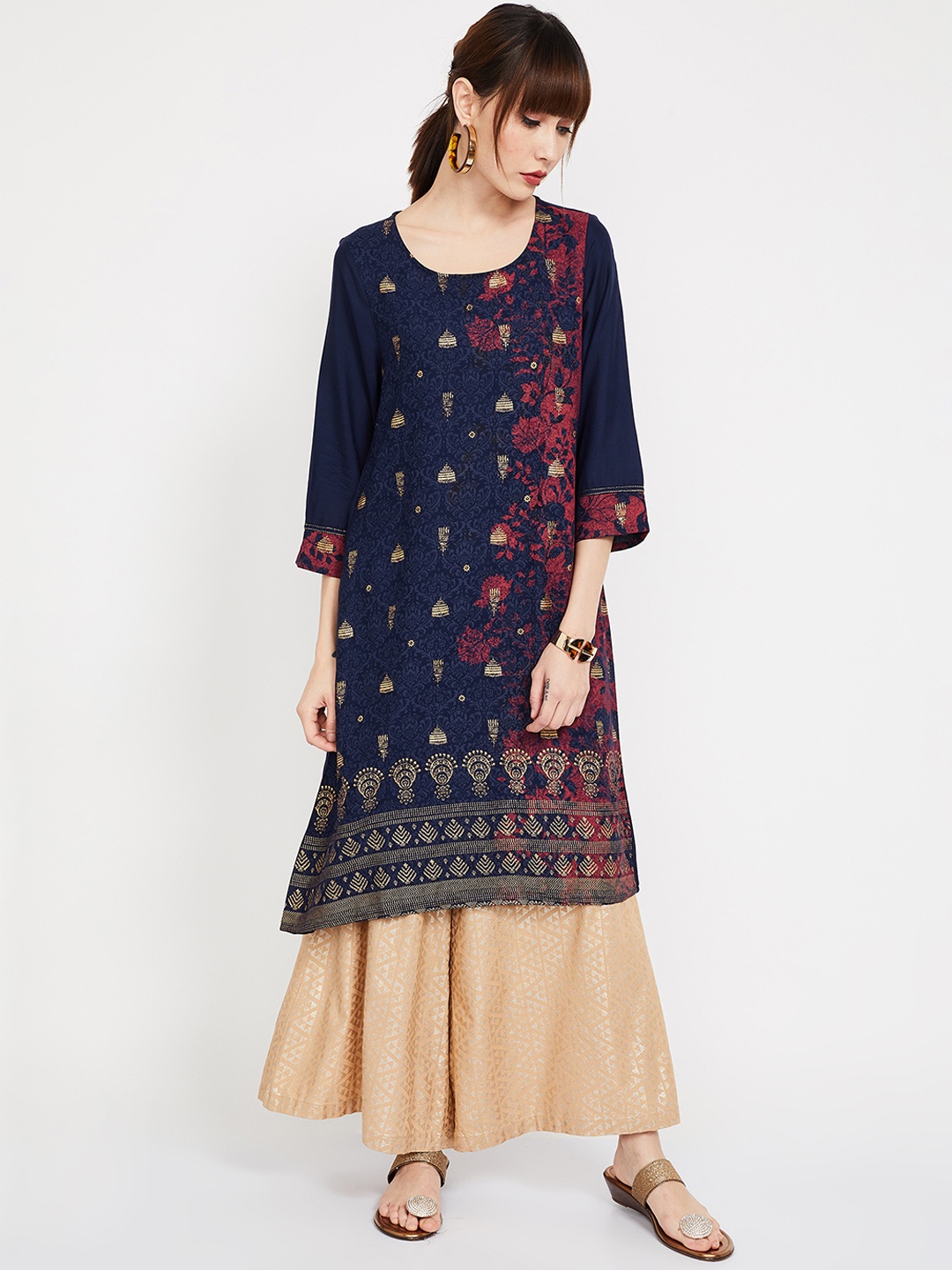 Melange by Lifestyle Women Navy Blue & Maroon Printed Straight Kurta