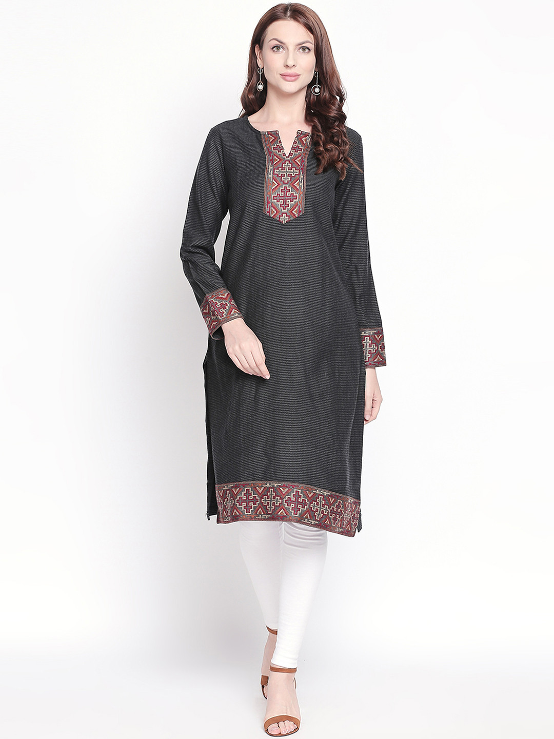 

RANGMANCH BY PANTALOONS Women Charcoal Grey Woven Design Straight Kurta