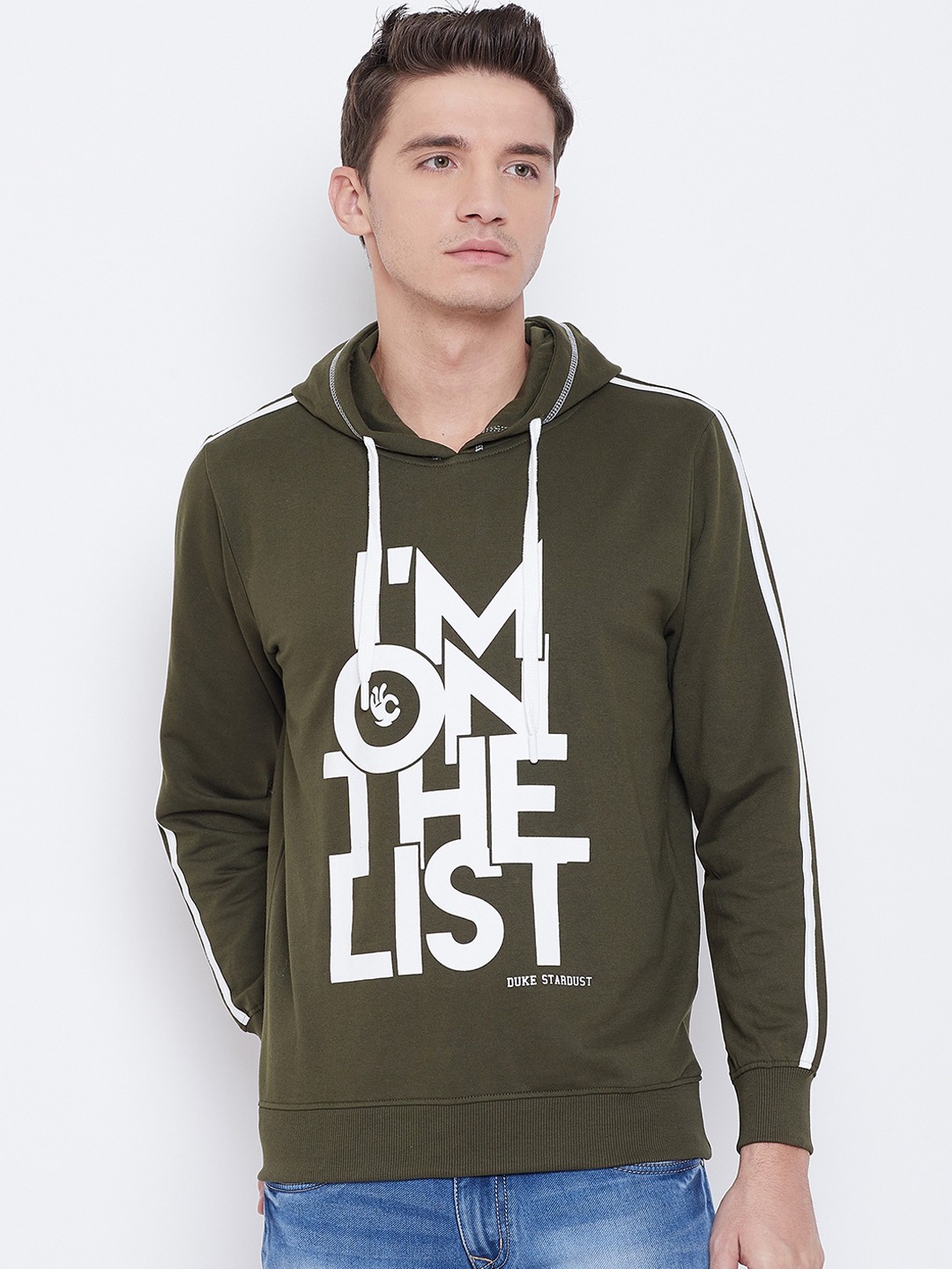 

Duke Men Green & White Printed Hooded Sweatshirt