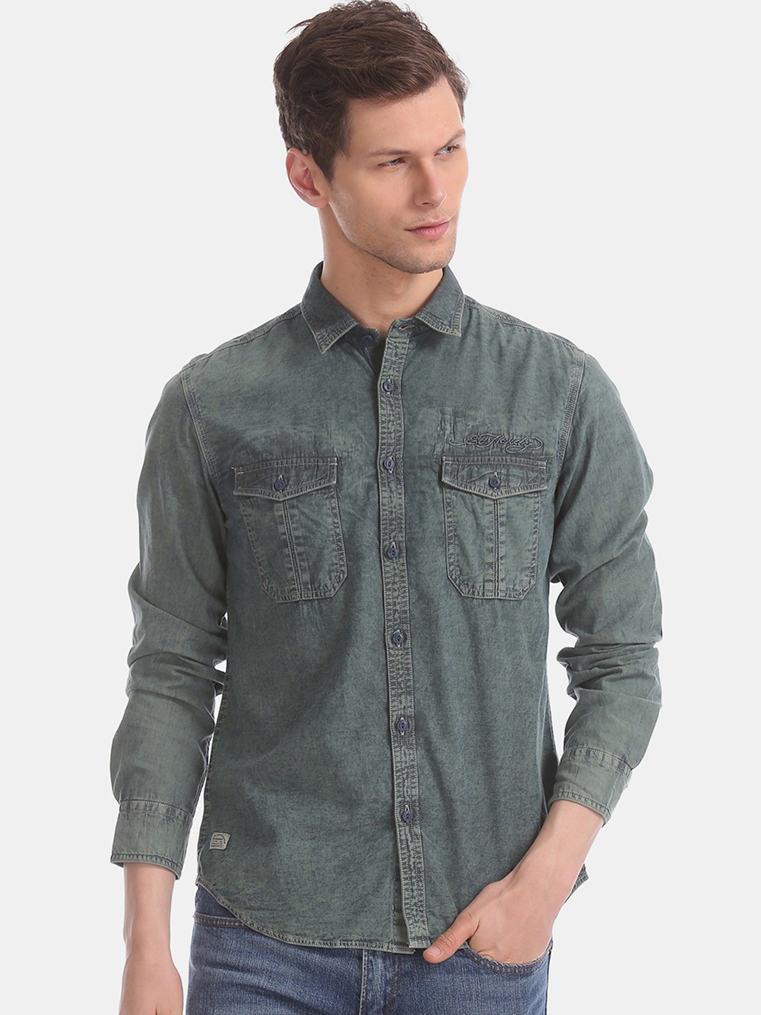 

Ed Hardy Men Green Slim Fit Faded Casual Shirt